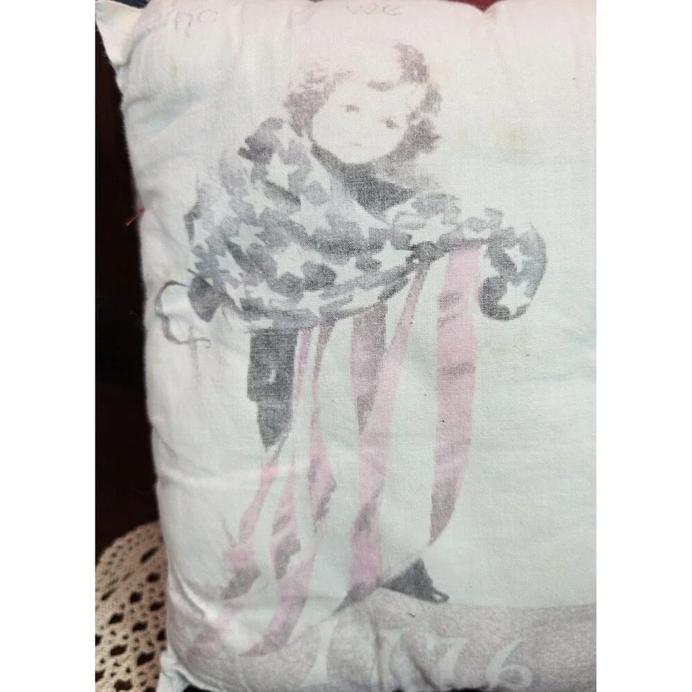 Pair of Handmade Faded Patriotic Pillows Antique Style Scenes (read)